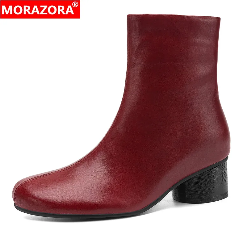 MORAZORA Big Size 35-43 Full Genuine Leather Ankle Boots For Women Round Toe Mid Heels Autumn Winter Fashion Boots Ladies Shoes