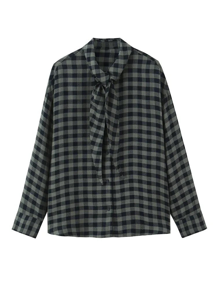 

HH Women Spring Fashion Versatile Small Plaid Scarf Collar Long Sleeve Shirt Female High Street Casual Single-breasted Shirt