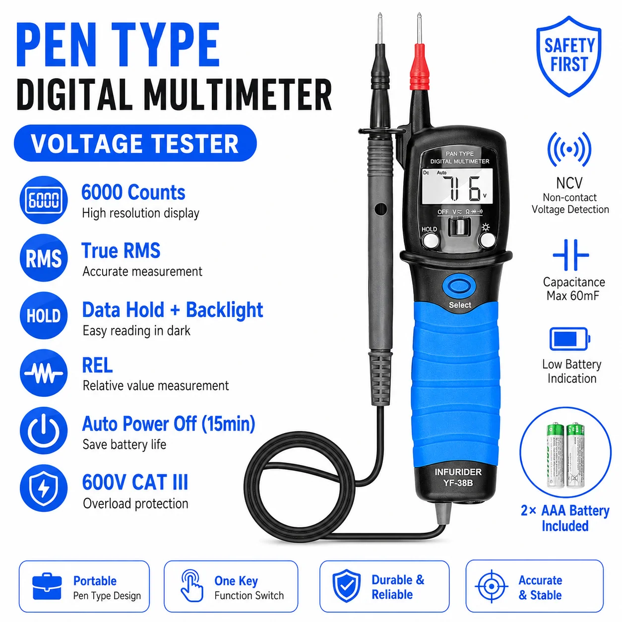 Pen Multimeter Tester 6000 Counts True RMS Auto Range AC DC Voltage Capacitance Diode for Electrician HVAC Automotive DIY