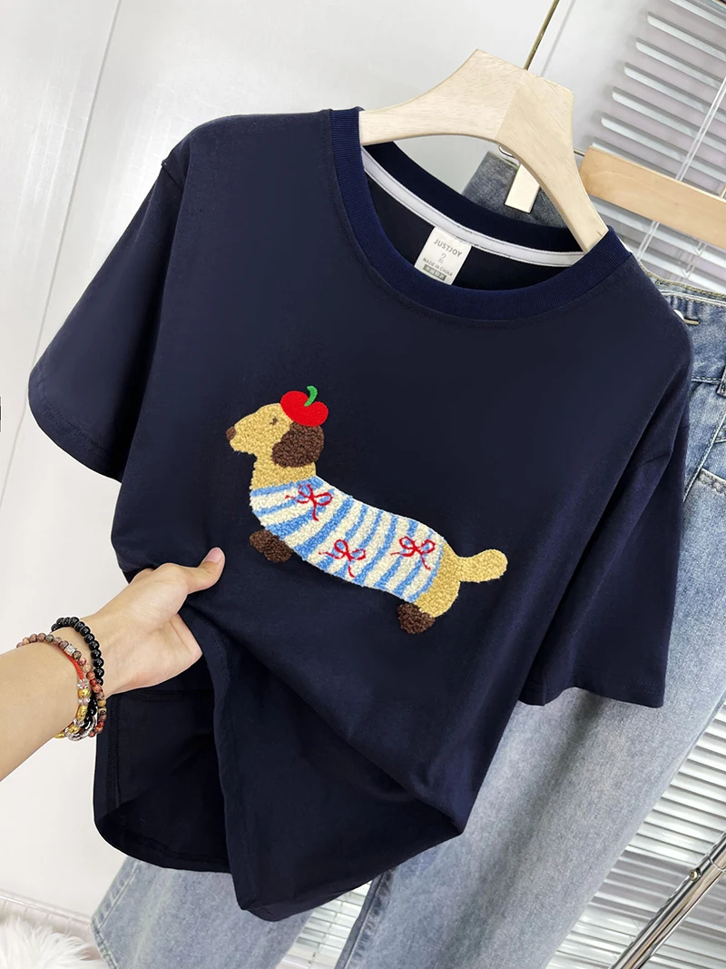 

Футболка с вышивкой в стиле американских мультфильмов, женская, летняя, свободного кроя, для пар, больших размеров, хлопковая, с круглым вырезом, базовая модель, удобная.