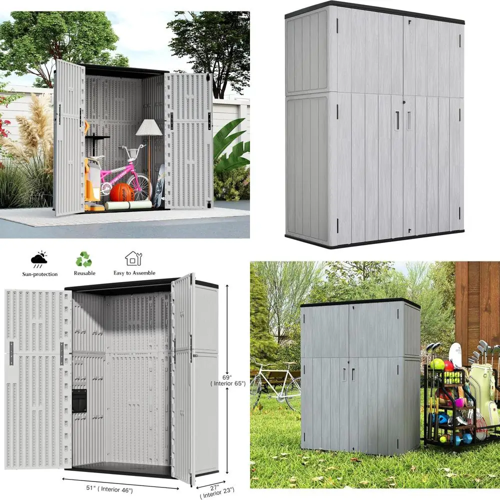 

57 Куб. футов. Сарай для хранения на открытом воздухе из ПНД с двойными стенками — устойчивый к атмосферным воздействиям, запираемый для инструментов, велосипедов и мебели для патио, серый
