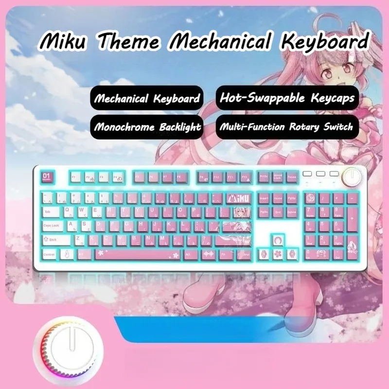 

104Keys Miku Theme Gaming Keyboard Mechanical Keyboard Hot-Swappable PBT Keycap Monochrome Backlighting Rotary Switch Adjustment