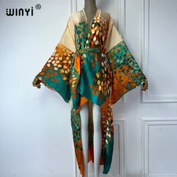 WINYI Summer Beach Wear Cover Up Lady Boho Cardigan printing elegant Silky and skin-friendly sexy Holiday Kimono maxi dress