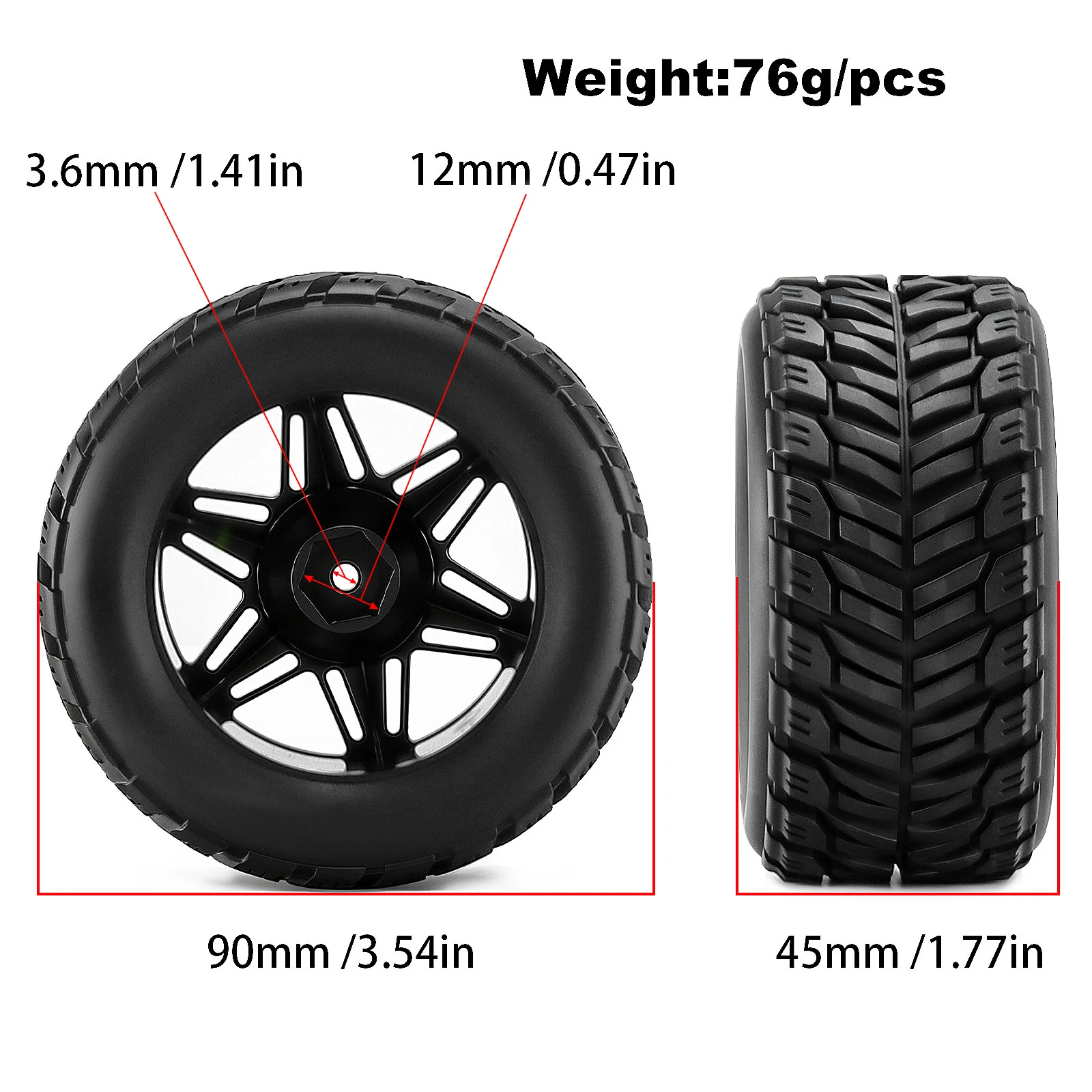 4pcs Soft Rubber Off‑Road Wheel Tire Set 90*45mm 12mm Hex Hub for ARRMA 1/16 Mini Kraton 3S BLX RC Monster Truck