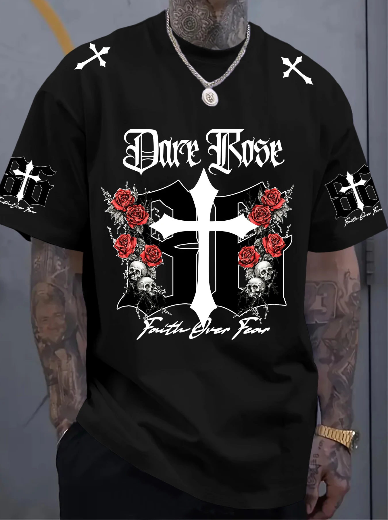 T-shirt imprimé pour hommes, nouvelle mode d'été, Dare Rose Cross Skull, lavable en machine, S-XXL