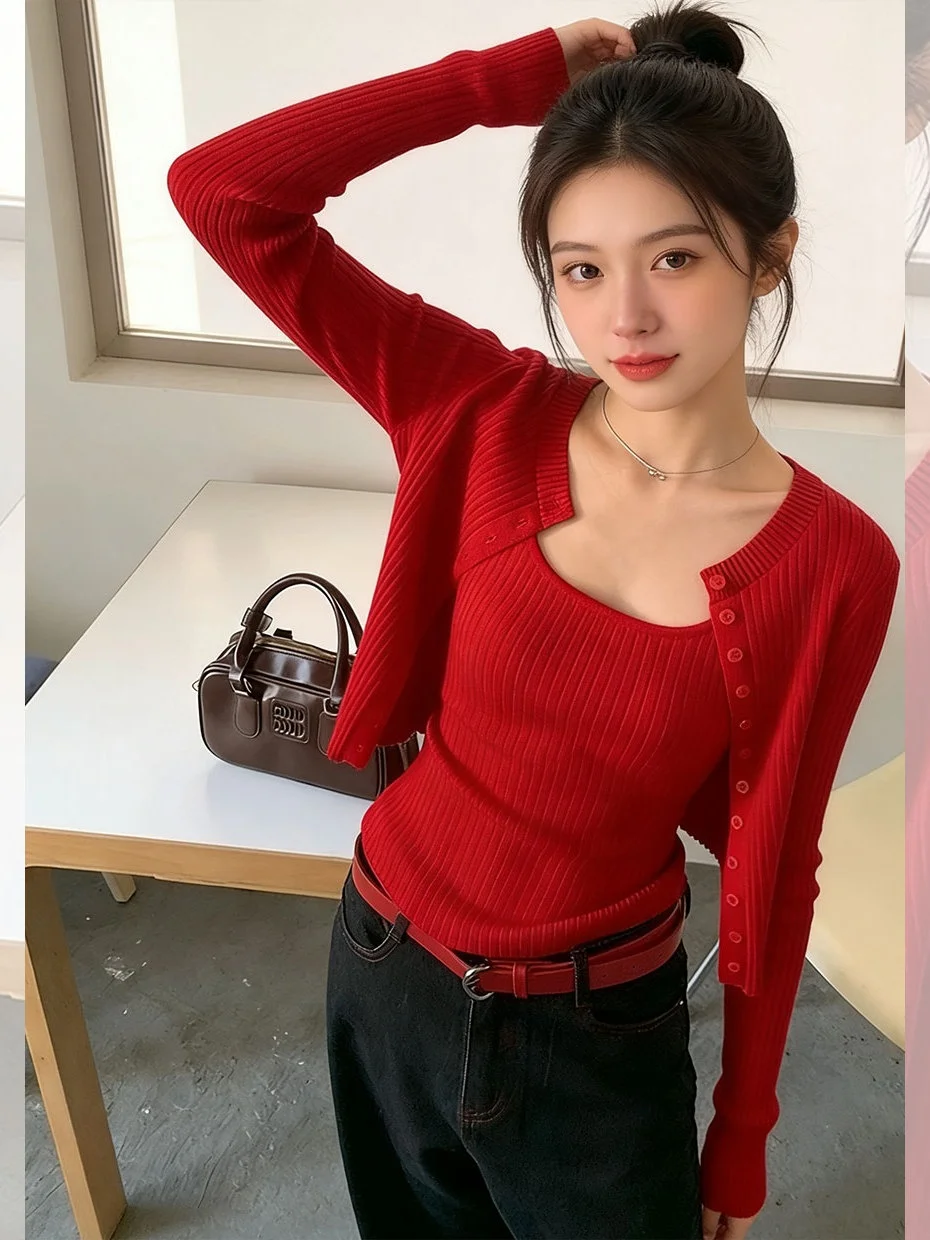 Spicy Girl Knitted Strap Cardigan Spring Women Early Spring Inner Wear Outerwear Korean Style Chic Polyester Fiber Long Sleev...