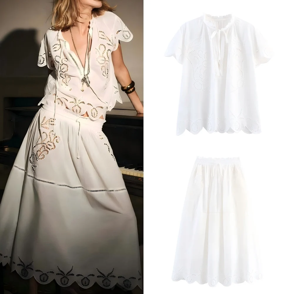 

Women's new fashion casual hollow embroidery top retro short sleeved lace up women's shirt chic top+Skirts suit