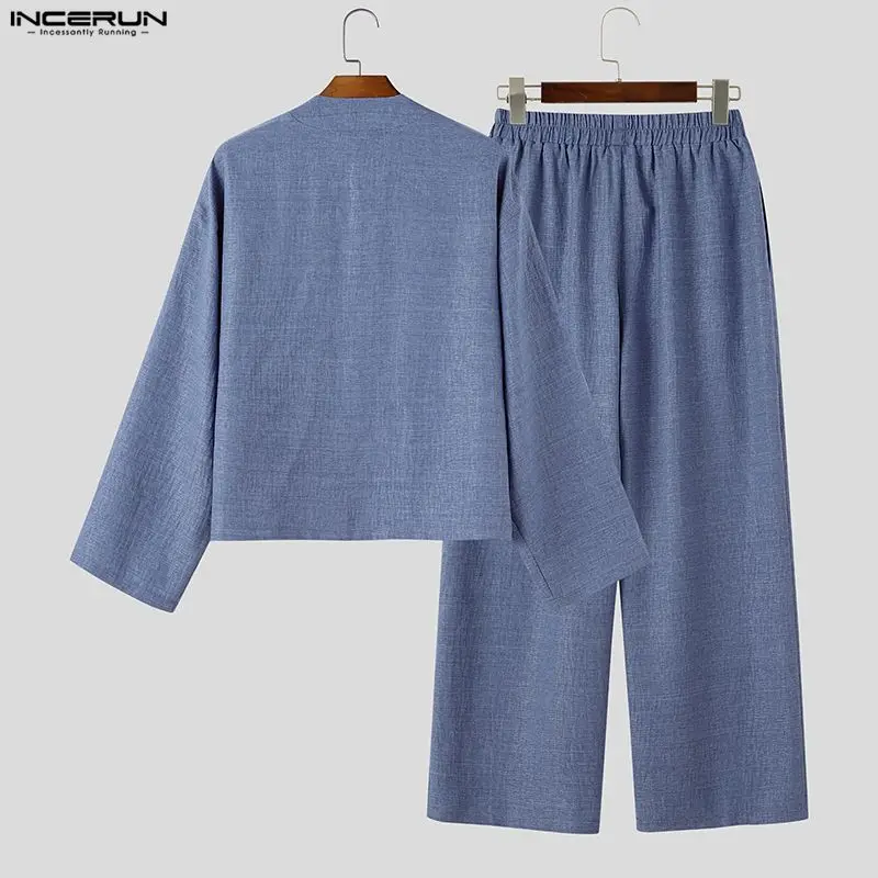 INCERUN Men Sets Solid Color Loose V Neck Long Sleeve Shirt Pants Two Piece Sets Streetwear Casual Tracksuits Men Matching Sets - view 5