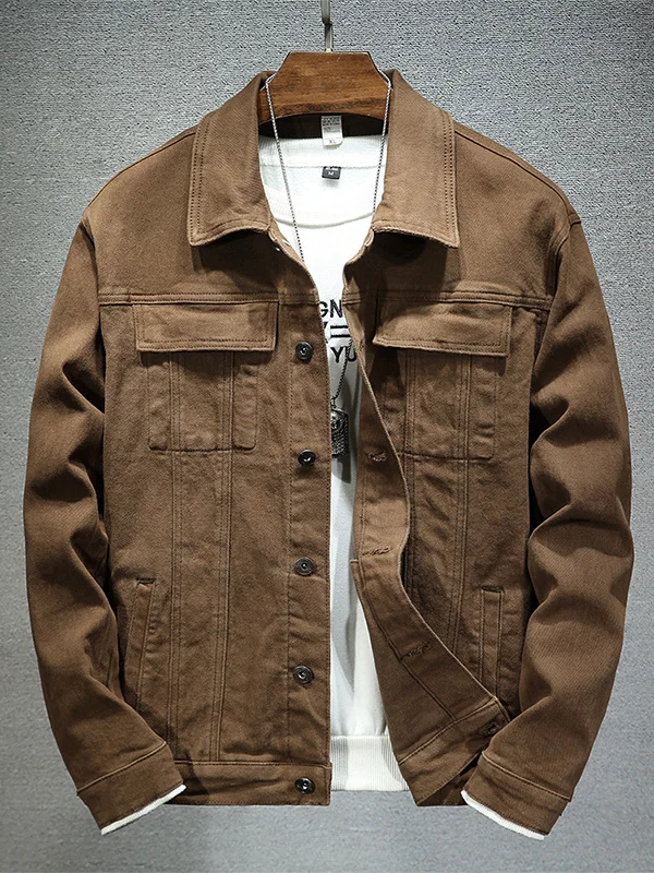 

Men's Brown Denim Jaet 2023 Autumn Faion V-Ne Long Sve ort Sle Casual Youthful Wear for Spring And Autumn