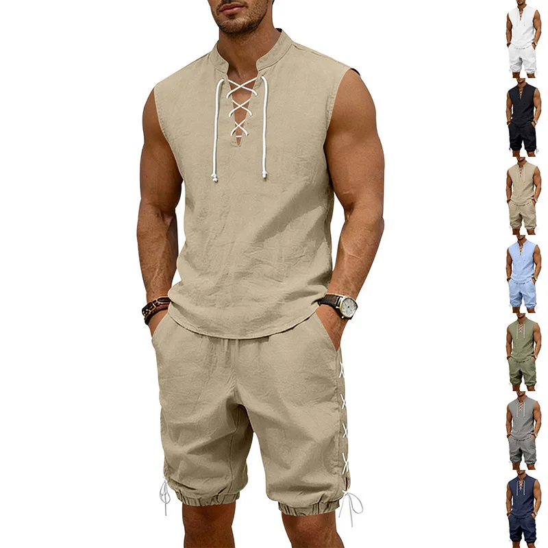 Ensemble short et corset de sport décontracté en lin grande taille pour homme, avec cordon de serrage et col montant sans manches