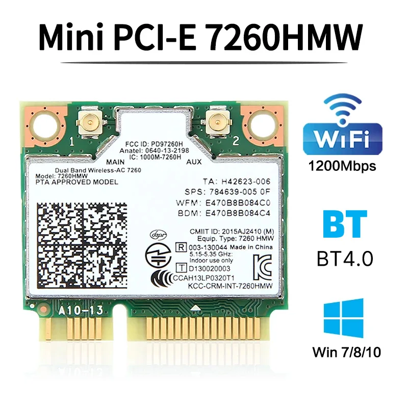 인텔 7260 7260HMW 7260AC 미니 PCI-E WiFi 카드용 듀얼 밴드 2.4G/5Ghz 802.11ac Wi-Fi Bluetooth 4.0 Wlan 어댑터 Win 7/8/10