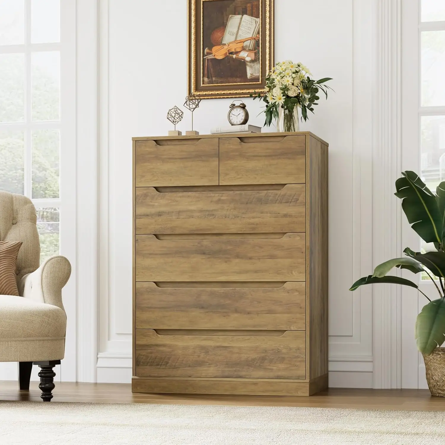 Modern 6 Drawer Dresser for Bedroom, Tall Chest of Drawers with Storage, Large Wood Storage Chest Organizers