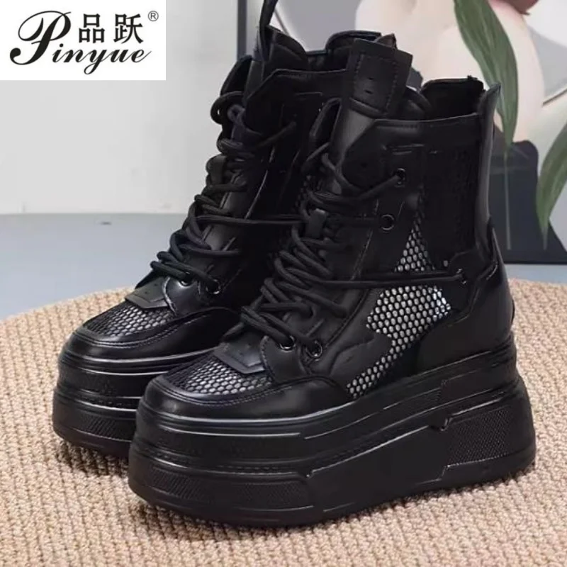 

10CM 12CM Air Mesh Microfiber Leather Women High Brand Pumps Chunky Heels White Casual Ankle Boots Platform Wedge Shoes 34-40