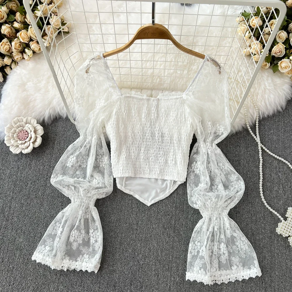 Chic Square Neck Vintage Long Flare Sleeve Elegant Lace Hook Flower Hollow Slim Top French Streetwear High Street Autumn Blouse