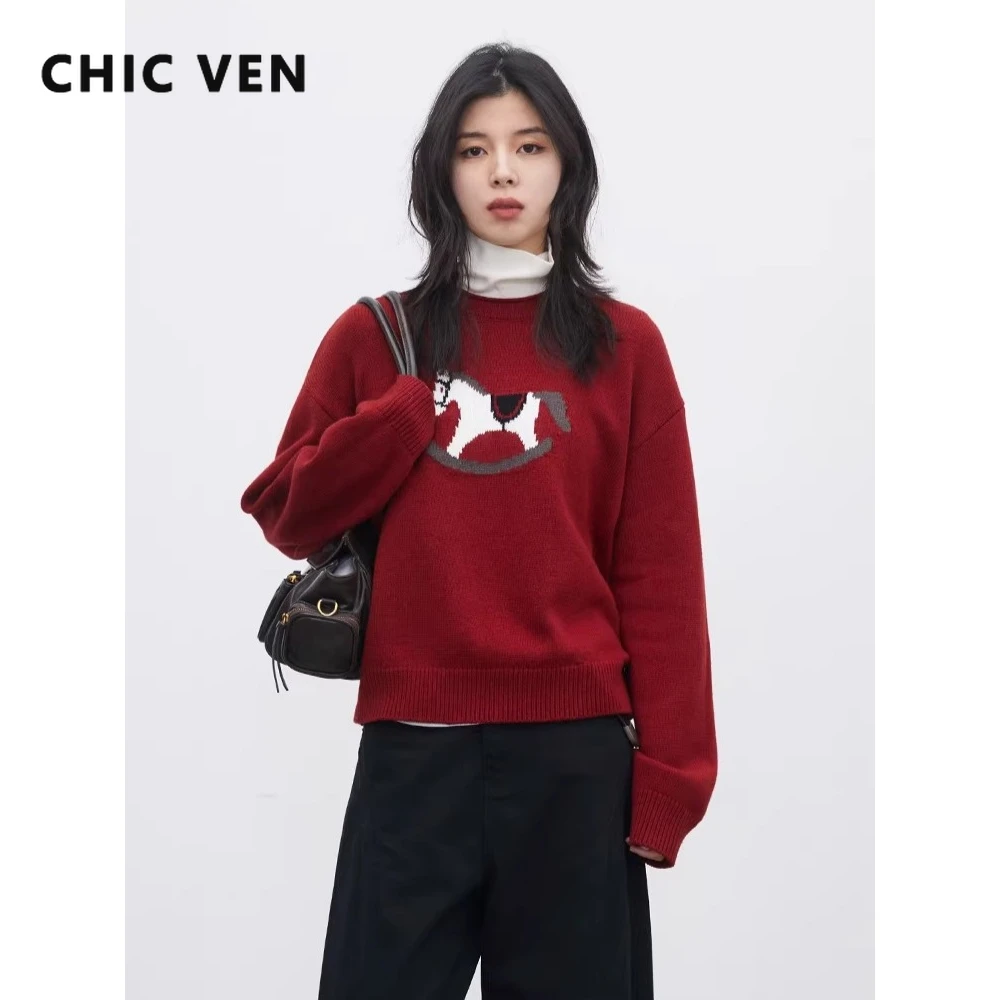 

CHIC VEN Korean Women Pullovers New Red Small Horse Jacquard Knitted Sweater Female Red Jumpers Spring Autumn 2026