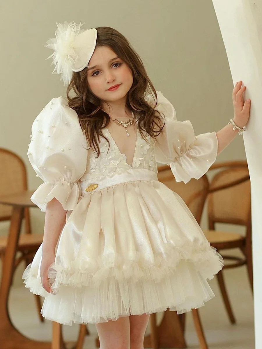 

V-neck Flower Girl Dresses Wedding Appliques Pearls Beading Half Sleeve Pageant Ball Gowns First Communion Tulle Dress For Kids