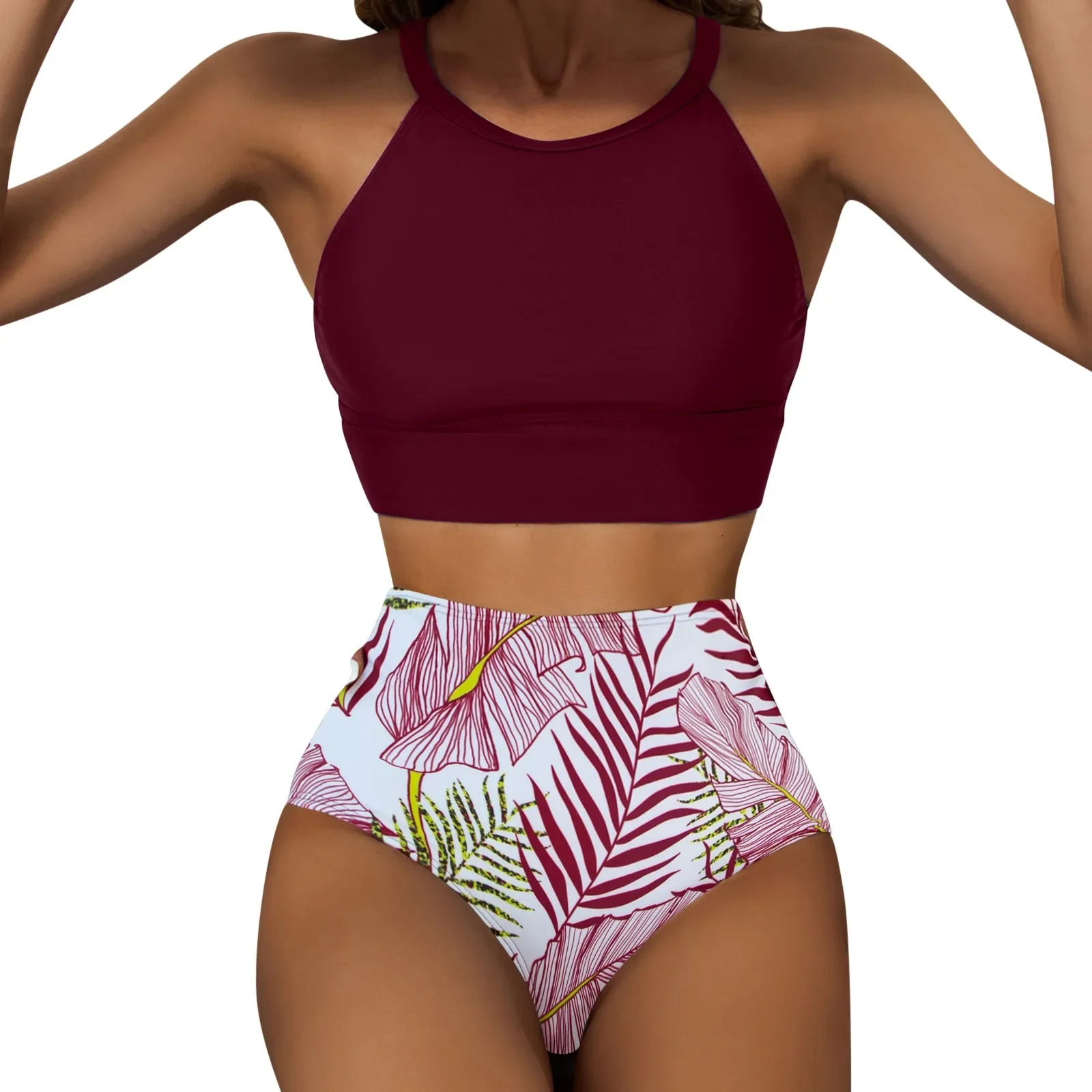 Women'S Tropical Printed Sexy Split Swimsuit Sports Tight Fitting High Waist Bikini Set High Elastic Swimwear Women'S Swimsuit