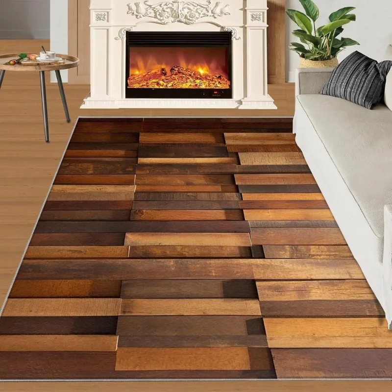 Vintage Distressed Wooden Patchwork Carpet American Country Home Decor Mat Non-Slip  Living Room Bedroom Hallway Decor Rug