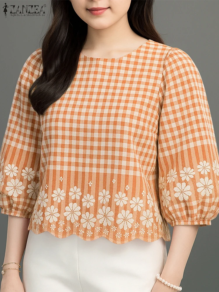 2025 Autumn Floral Pinted Blouse ZANZEA Women Blouses Elegant Fashion Long Sleeve Tops Checked Blusas Female OL Work Shirt Mujer