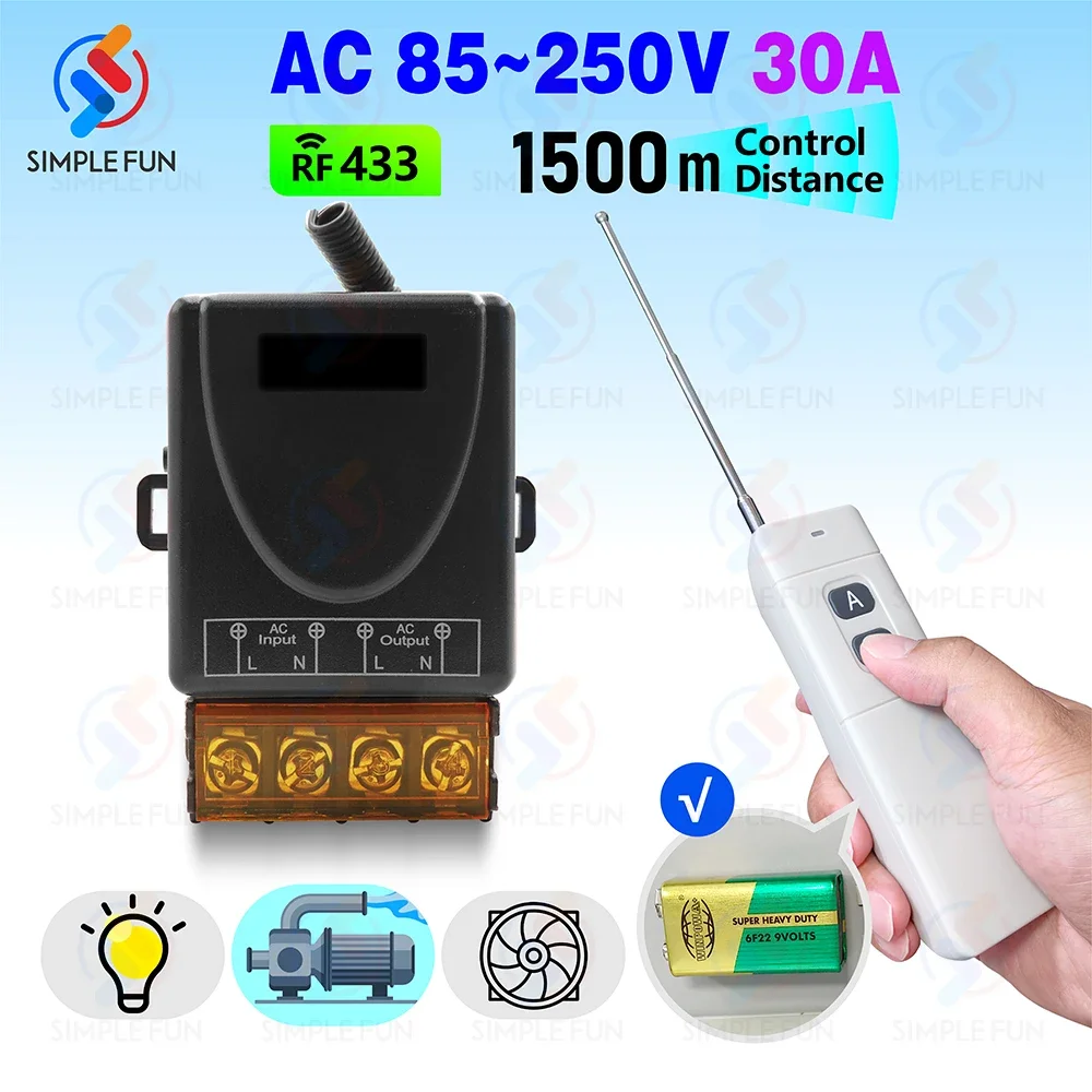 110V 220V 433Mhz Universal Wireless Remote Control Switch 30A High Power RF Relay,1500m Transmitter,for Pump Light Fan ON/Off