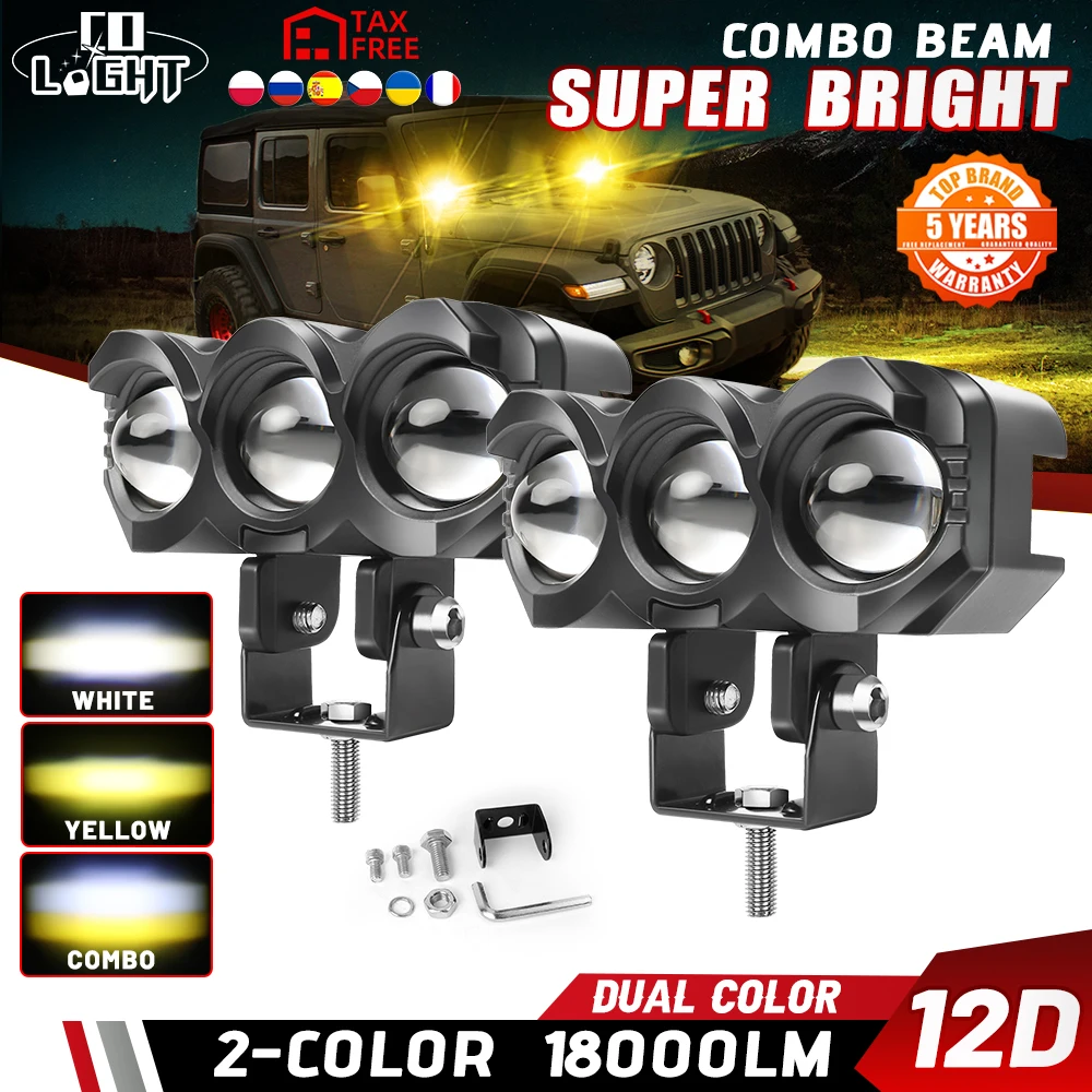 CO LIGHT Motorcycle LED Spotlight Dual Color Hi/Low Beam Mini Lens Headlight Driving Light Fog Lamps for Car Trucks SUV UTV 12V