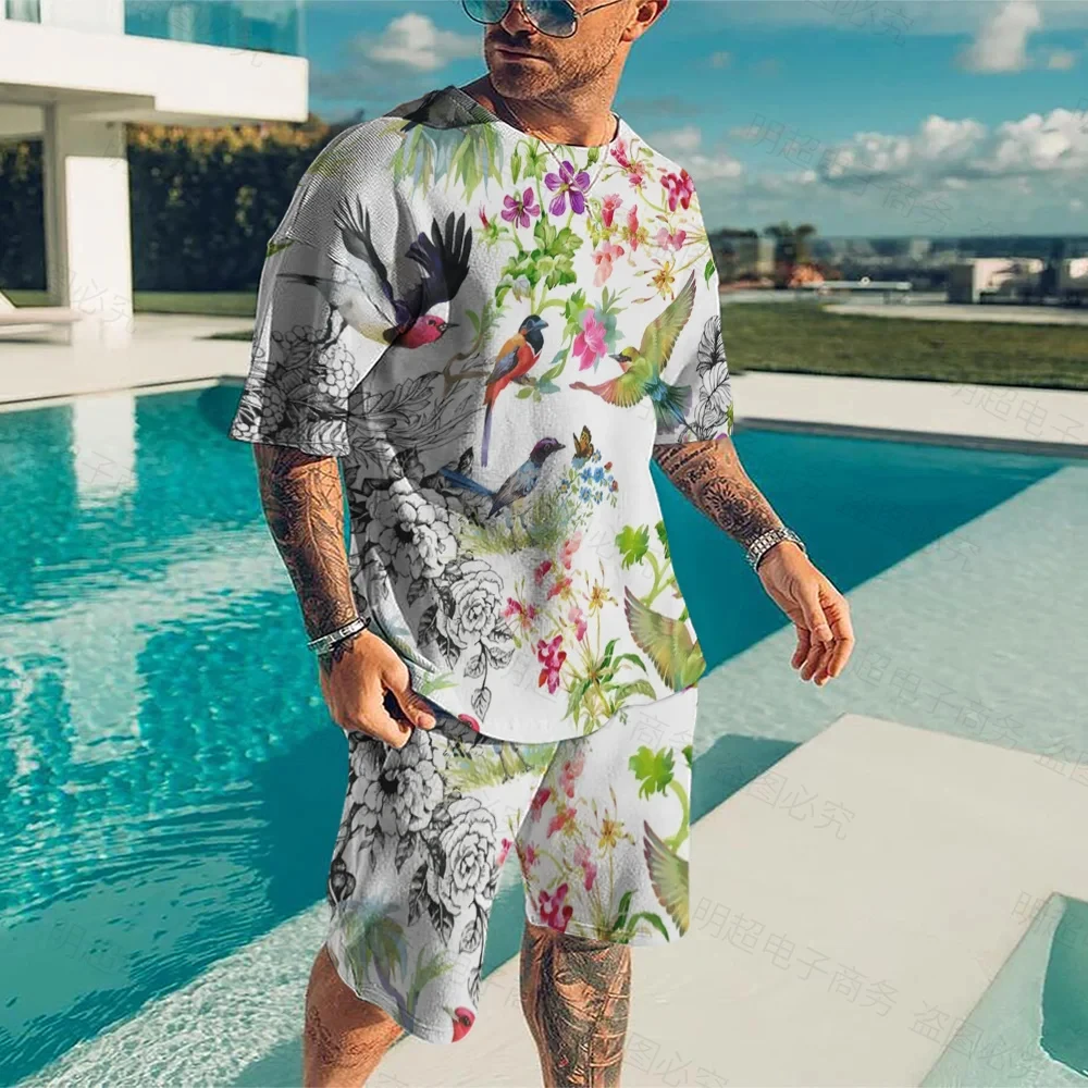 Summer tops and shorts literary style oil painting wild goose pattern printing men's short-sleeved shorts suit fashionable cool