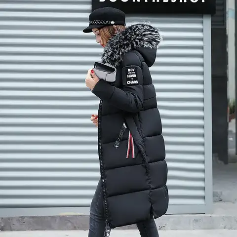 2025 Women's Down Parkas Winter Jacket Big Fur Collar Thick Slim Coat Fashion Hooded Cotton Outerwear Long Winter Woman Coat