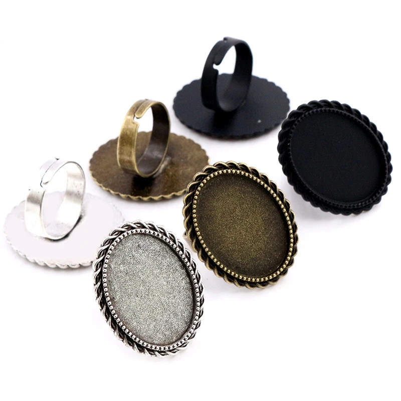 18x25mm 5pcs Nero Argento Antico Placcato Bronzo Ottone Ovale Impostazioni Anello Regolabile In Bianco/Base, misura 18x25mm Cabochons di Vetro