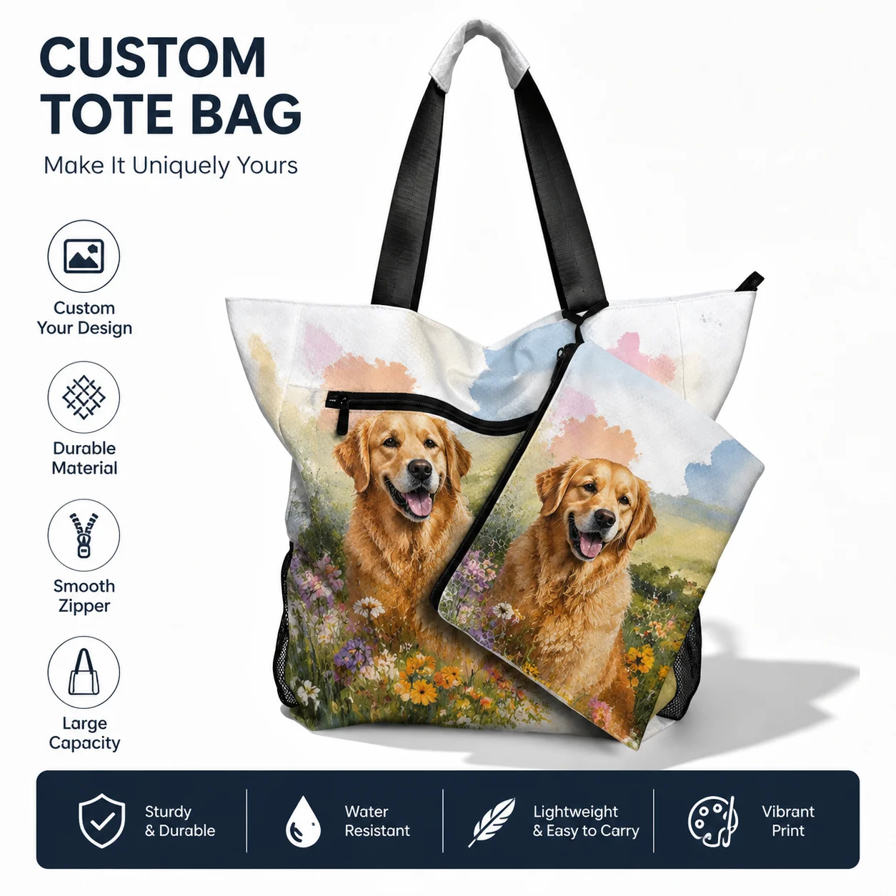 

Custom Large Capacity Tote Bag for Women Waterproof Shoulder Bag with Zipper Personalized Travel Beach Gym Handbag