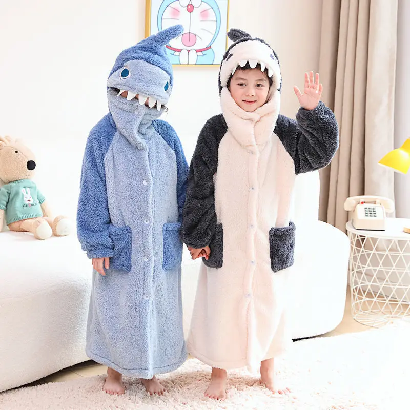 

Детская одежда для сна, коралловый бархат, домашняя одежда, модные зимние пижамы для мальчиков и девочек, халат с капюшоном, фланелевой халат, комплект