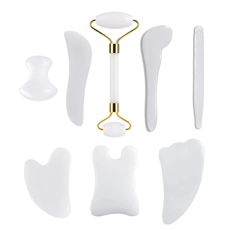 

Natural White Jade Gua Sha Board Jade Roller Massager Set Facial Skin Care Gouache Scraper Acupuncture SPA Massage Tools