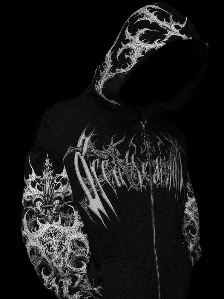 Image of Breathedivinity Übergroßes, locker sitzendes, bedrucktes Kapuzen-Sweatshirt mit durchgehendem Reißverschluss
