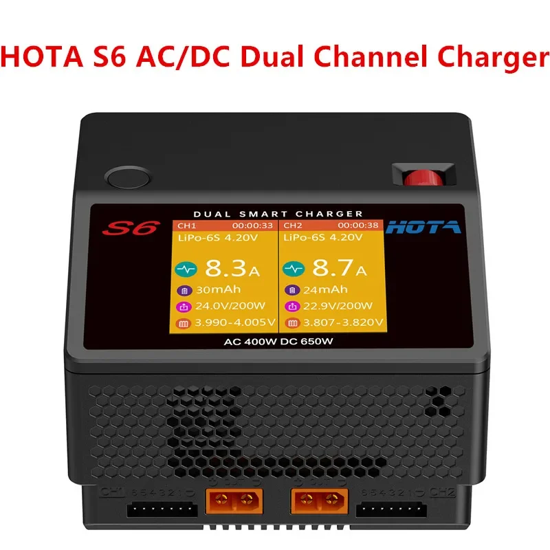 HOTA S6 AC 400W DC 650W 15A Dual Channel Smart Ultra Small Size Charger for 1-6S  Lipo LiHV LiFe LiIon NiZn NiCd NiMH Battery