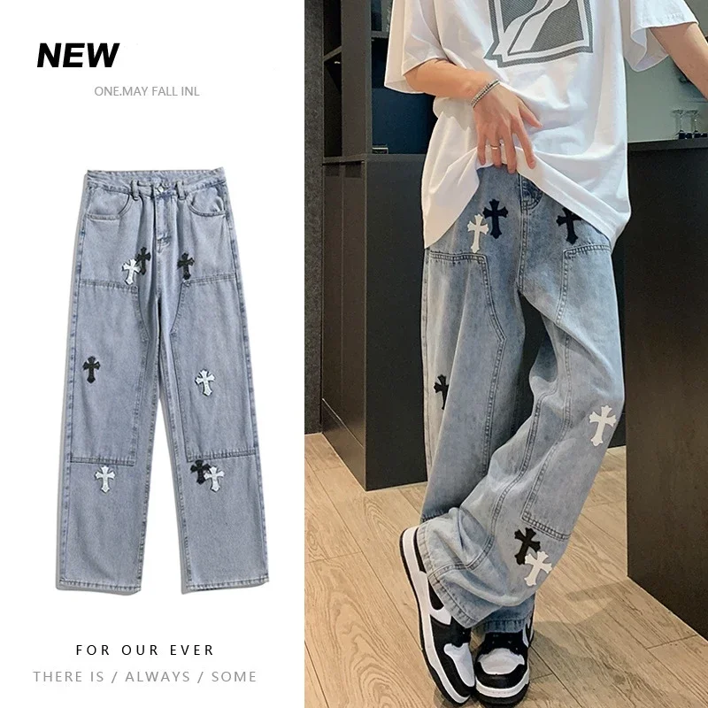 

Men Cross-labeled Jeans Loose Straight High Street Fashion Washed Youth Denim Casual Trousers Mid-rise Long Pants