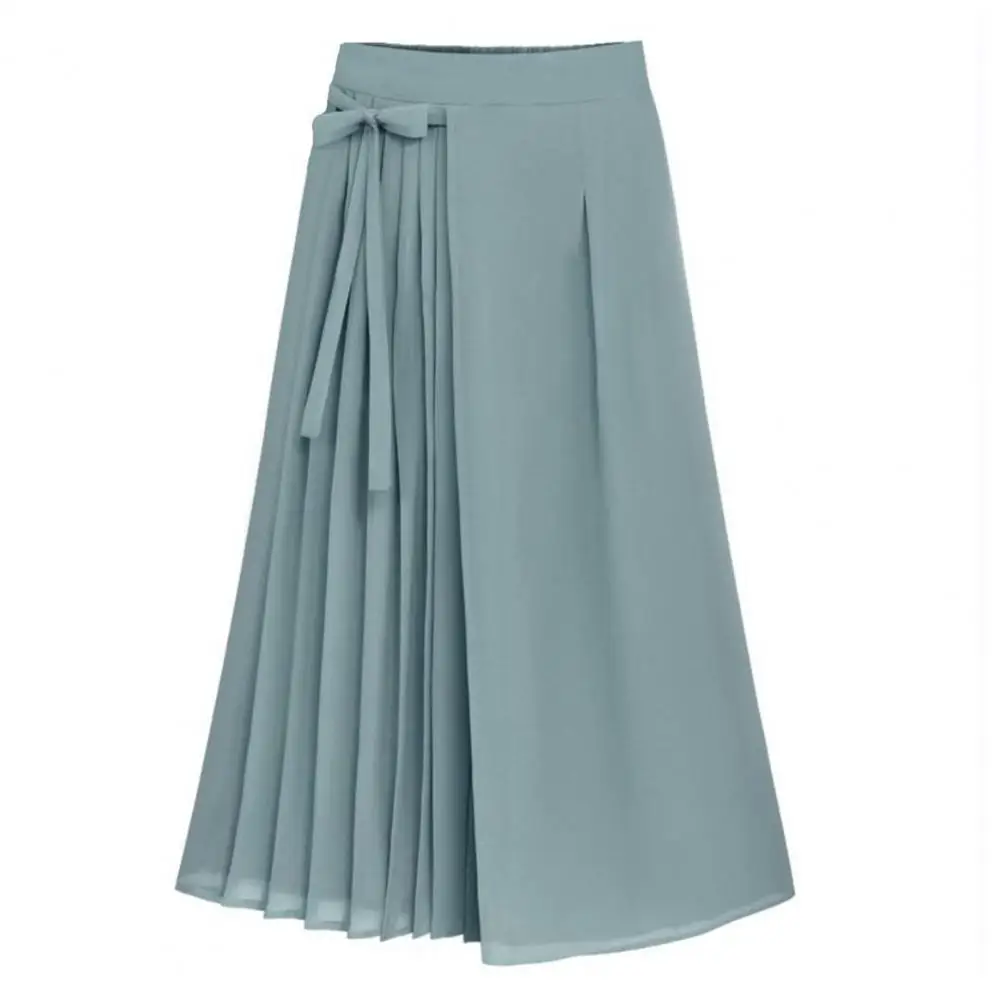 Bow Waist Culottes Elegant Women's Pleated Chiffon Culottes with Lace-up Bowknot Detail Wide Leg Solid Color Trousers for Casual