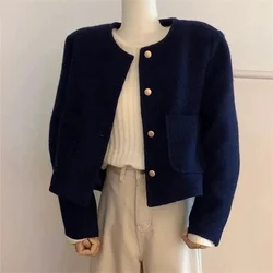 Spring Autumn Women New O-Neck Short Tops Jacket Ladies Fashion Solid Color Coat French Female Casual Long Sleeve Lined Outwear