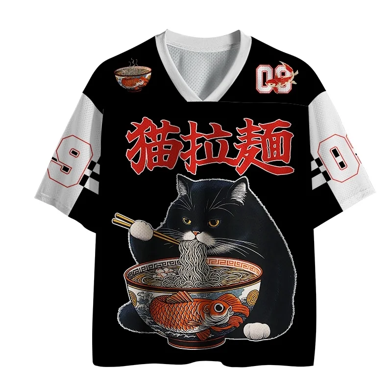 Lamian Noodles Cat Pattern 3D-Druck, Fitnesstraining, schnell trocknend, Outdoor, Freizeit, Sport, V-Ausschnitt-Oberteil für Herren und Damen