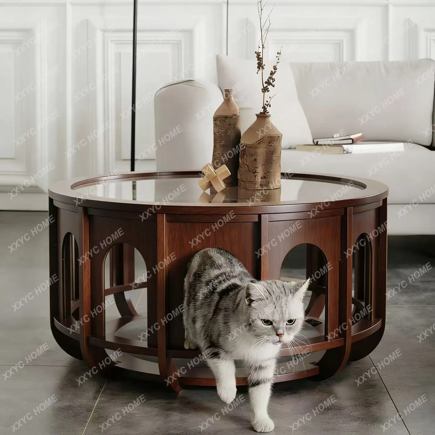 New Chinese Style North  Black Walnut Creative Coffee Table Round Glass Modern Simple Tea Table
