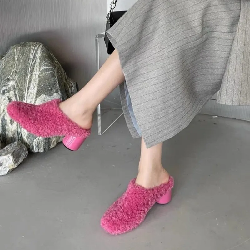 Women Heels Slip-on Pink Wool Fashion Closed Toe Plush Court Clogs Ladies Winter Warm Lambswool Heeled Slippers