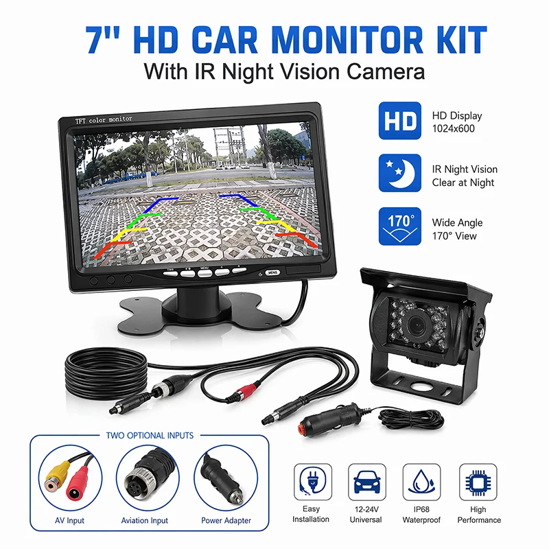 7-inch LCD Color Rear View Monitor Reversing Camera Ultra-clear Easy Install for Buses Trucks RVs 12V/24V