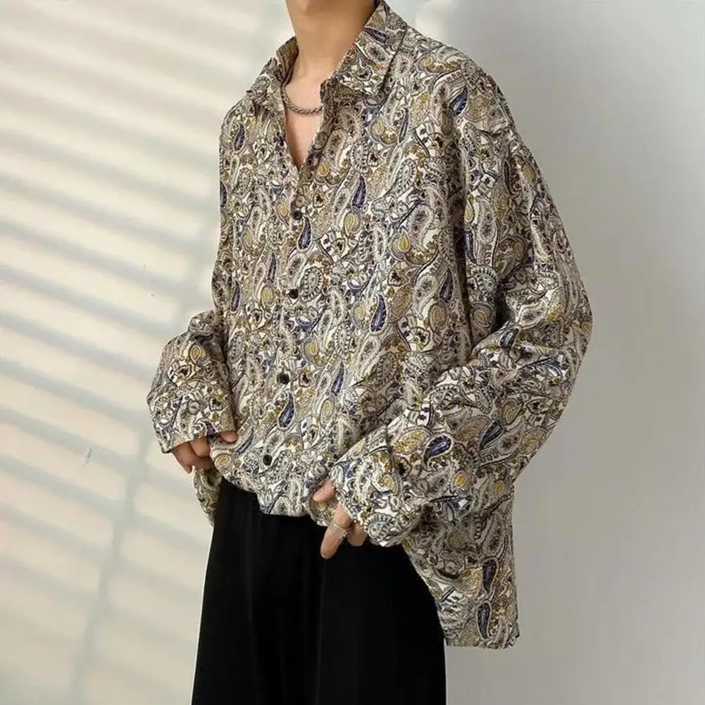 

Retro Floral Shirt Retro Print Shirt Vintage Floral Print Men's Cardigan with Turn-down Collar Single-breasted for Spring