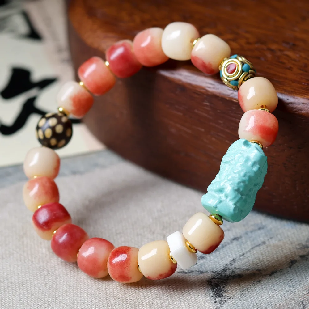 

Full-Blooded Bone with Magnesite Turquoise Zhakiraam Bead Bracelet Nepalese Ethnic Style Handcrafted Bracelet