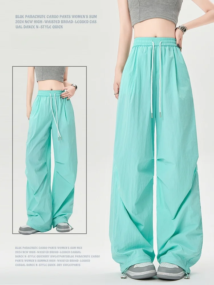 

High Waist Cargo Pants Women's Summer 2024 New Mint Green Parachute Workwear Quick Dry Straight Leg American Style Sports Pants