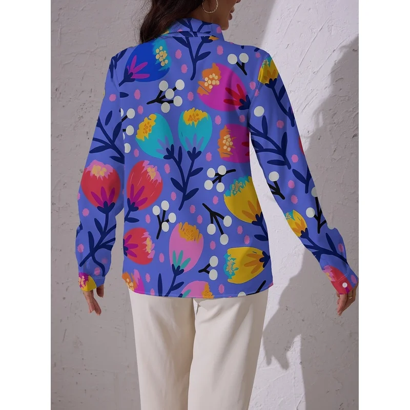 Spring and Autumn new women's long-sleeved shirt，Colorful flowers and white dots on a purple background、Interwoven dots，Presenti