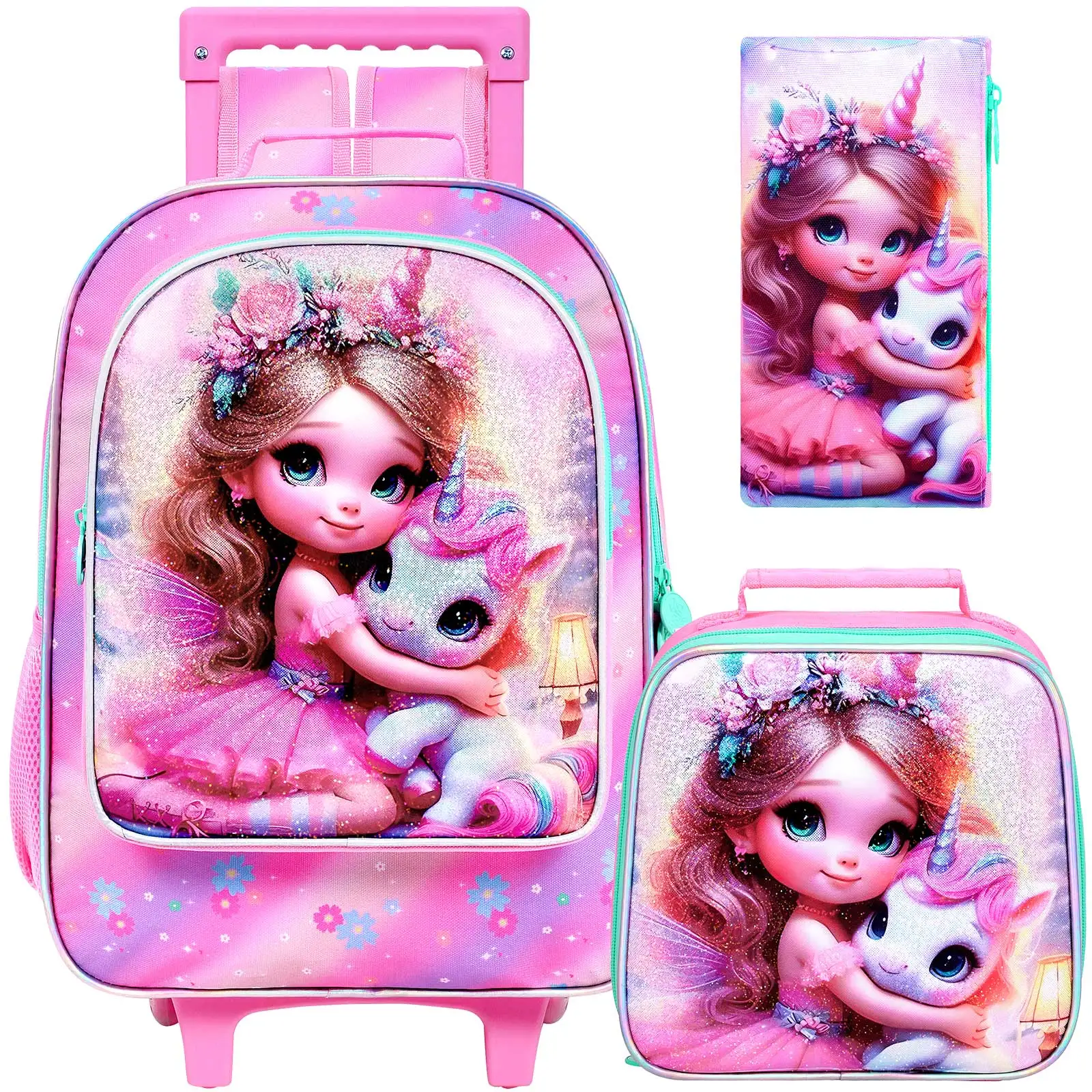 

3PCS Rolling Backpack for Girls and Boys, Kids Roller Wheels Bookbag, Wheeled Elementary School Bag with Lunch Bag