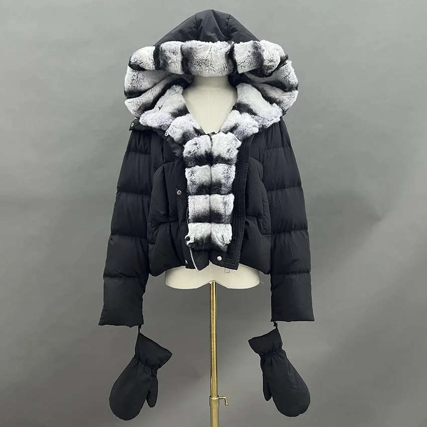 JANEFUR 冬ホワイトグースダウンジャケット大レックスウサギの毛皮フード付きパファージャケット女性厚く暖かいニットスリーブ JFB8-25009