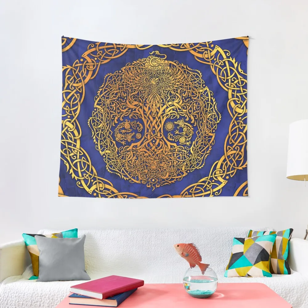 Gold Yggdrasil, Viking Tree of Life - Blue Tapestry Home Decorations Cute Room Decor Outdoor Decoration Tapestry