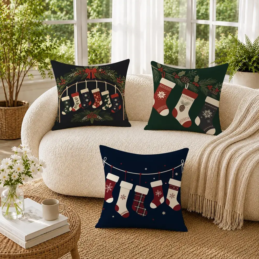 Christmas Stocking Applique Cushion Cover Double-Sided Plush Sofa Cushion Covers Organic Breathable Invisible Zipper
