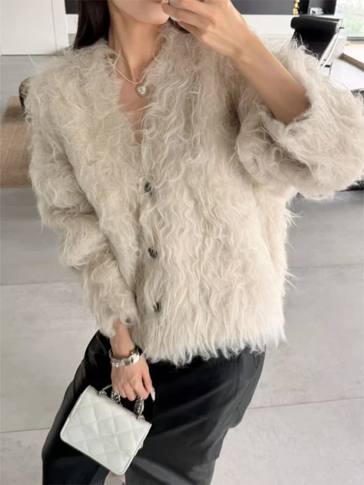 Women's Solid Color Faux Fur Coat Fluffy V Neck Long Sleeve Open Front Loose Fit Shaggy Outerwear Warm Winter Streetwear Jackets