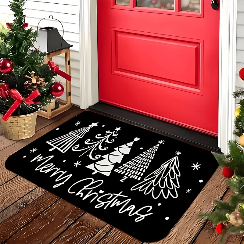 Merry Christmas Themed Entry Mat Minimalist Line‑Art Xmas Tree Star Floor Rug Holiday Decor Carpet for Front Door  Entrance